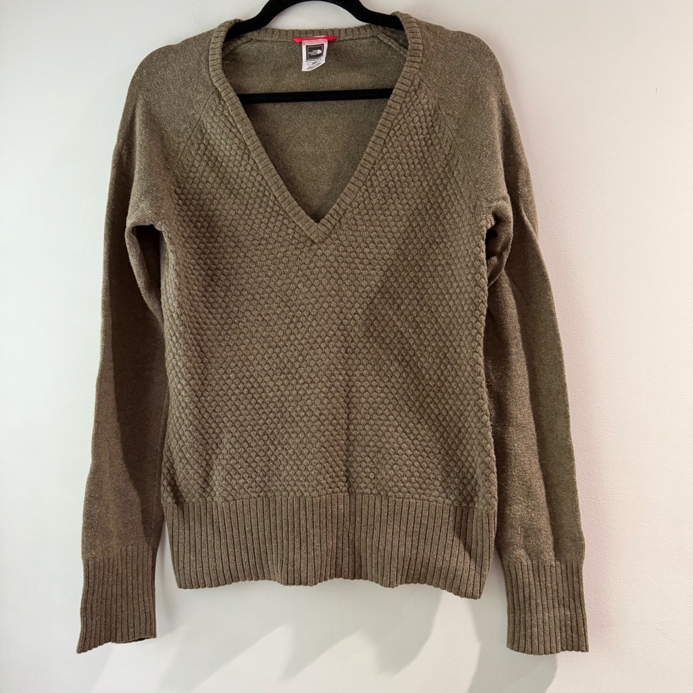 The North‎ Face Sweater Womens Medium Brown Excellent V-Neck Wool Blend Textured